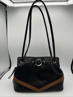 Gigi Black Leather Shoulder Bag with Brown Accent